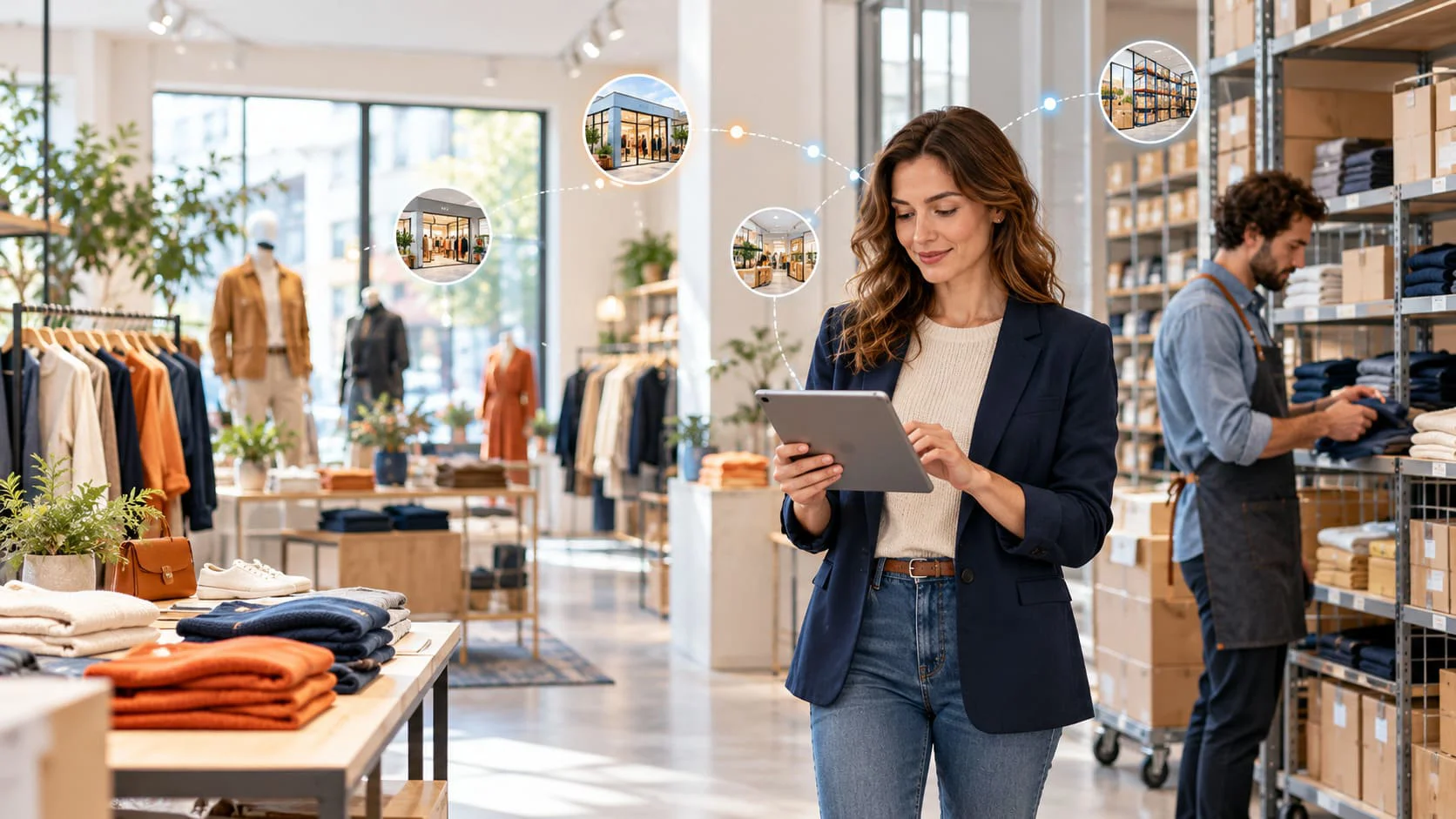 Responsable de retail consulta el stock en una tablet mientras un empleado organiza prendas en una tienda conectada con varios almacenes.